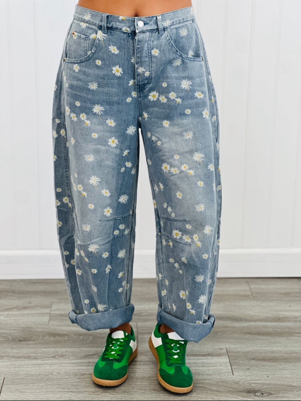Sew In Love - Daisy print relaxed barrel fit jeans.